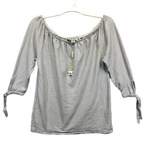 Charlie Paige Woven Seersucker Blouse Off Shoulder Blue‎ Pinstripe Size S/P NWT